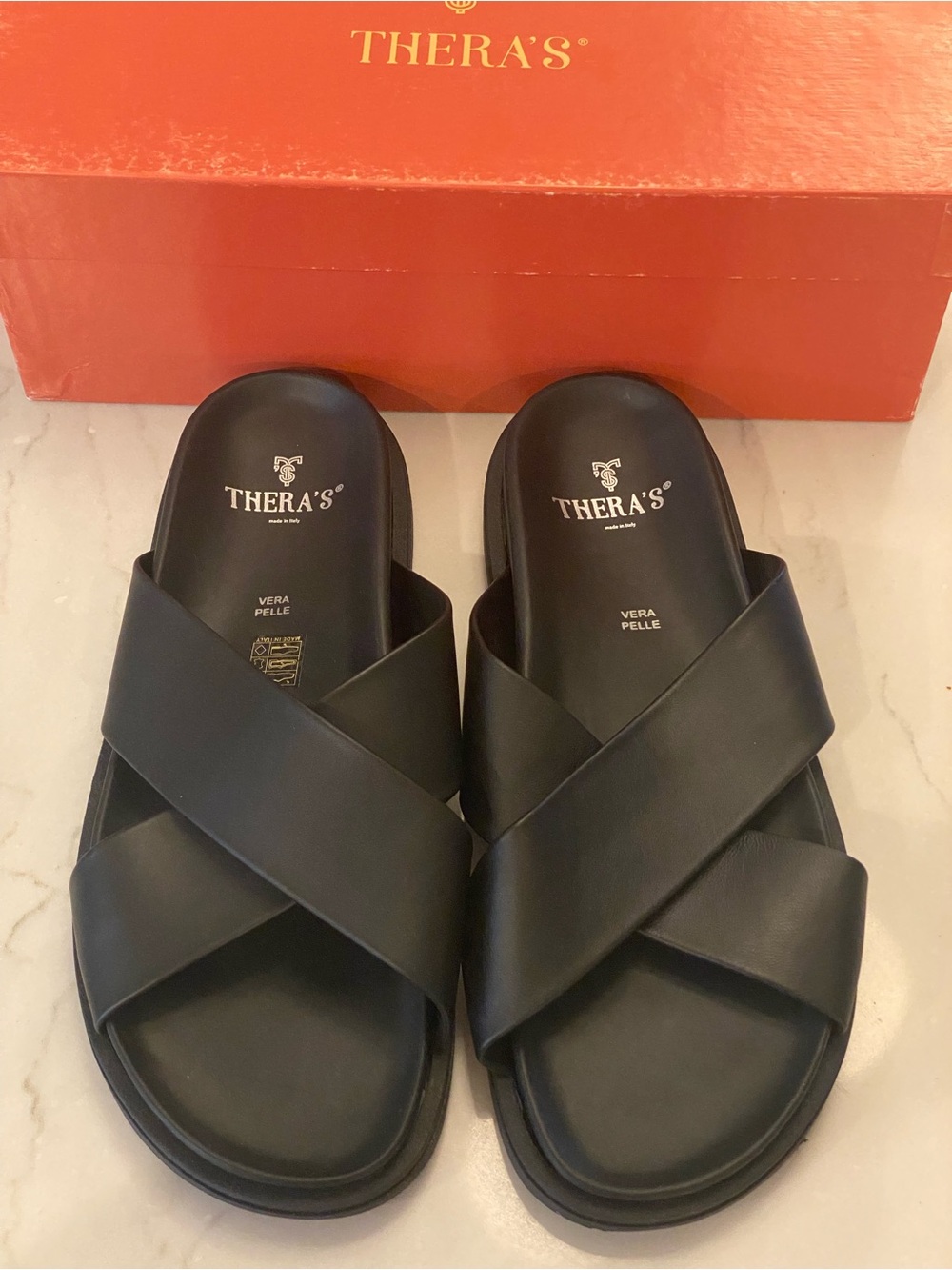 Thera’s Nero Italian Leather Cross-Strap Slide Sandals Mens 46